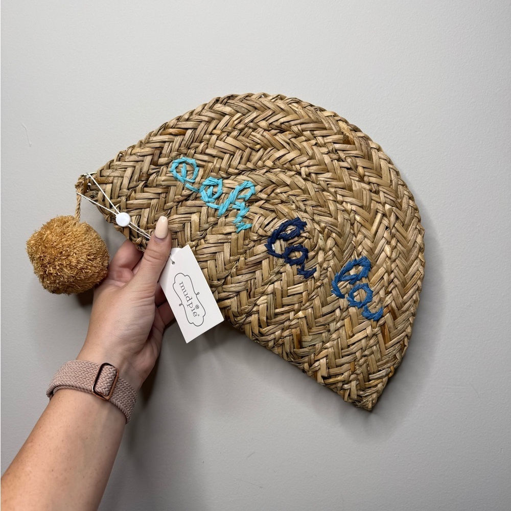 Mud Pie Woven Seagrass Straw Clutch with "Ooh La La" embroidered